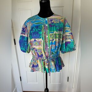 Sarah Campbell 100% Cotton Blouse L Made in USA Vibrant Paisley Puff Sleeve c20